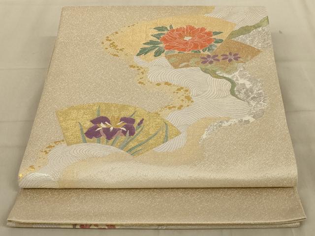 平和屋着物◎太鼓柄袋帯　地紙花文　金糸　銀通し地　正絹　逸品　未使用　AABB5173ou