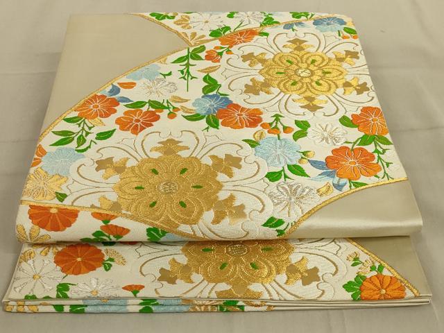 平和屋着物◎六通柄袋帯　唐織　扇面取小花華文　金銀糸　正絹　逸品　AABB5178ou