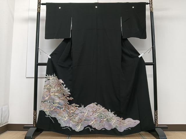 Full-Length Under-Kimono - 平和屋着物■豪華黒留袖　駒刺繍　飛鶴花文　金彩　正絹　逸品　CABB8798xi