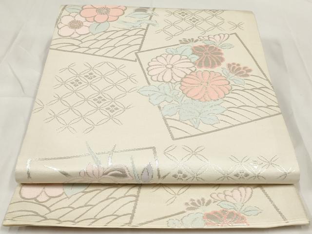 平和屋着物◎六通柄袋帯　琳派花錦文　銀糸　正絹　逸品　AAAX4039sg