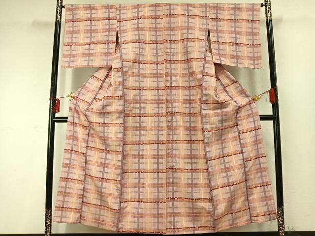 平和屋着物▽上質な紬　単衣　格子　正絹　逸品　AABD0297fy