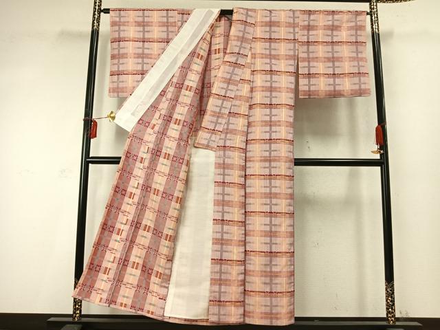 平和屋着物▽上質な紬　単衣　格子　正絹　逸品　AABD0297fy