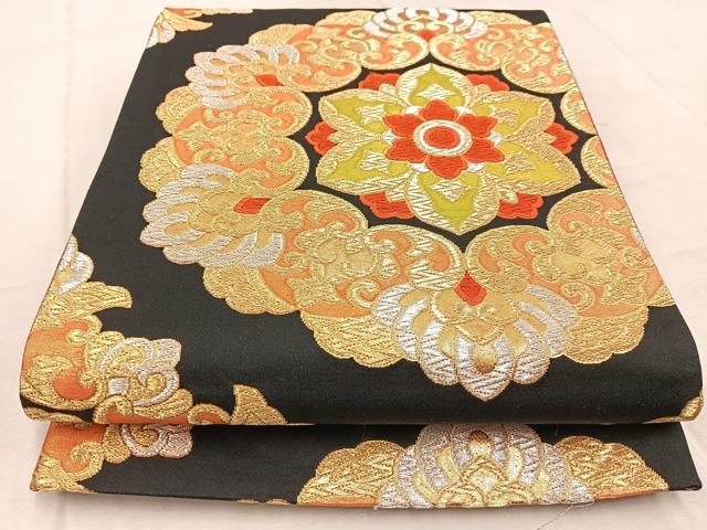 平和屋着物◎六通柄袋帯　唐織　正倉院花文　黒地　金銀糸　正絹　逸品　BAAV4611yc