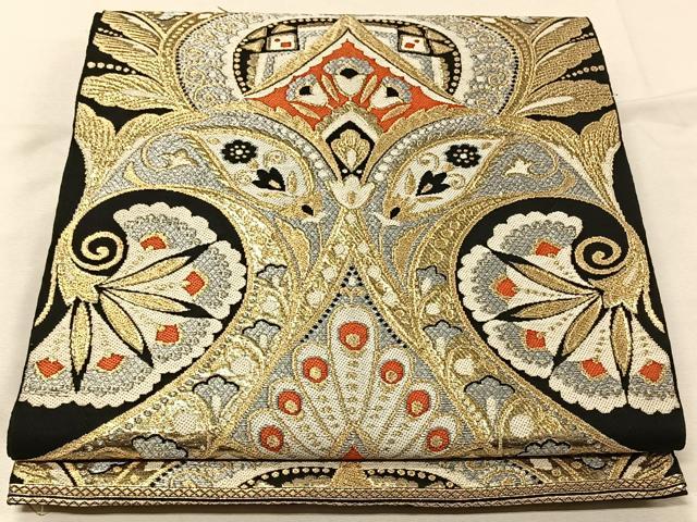 平和屋着物◎六通柄袋帯　更紗花文　黒地　金糸　正絹　逸品　CAAV7282qv