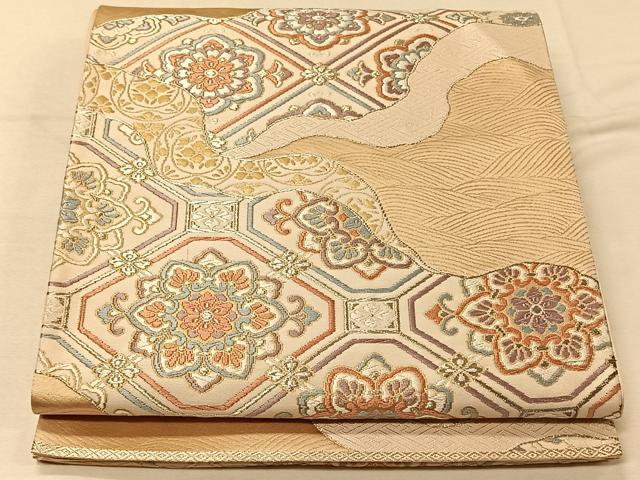 平和屋着物◎六通柄袋帯　唐織　道長花文　銀糸　正絹　逸品　CAAV7284qv