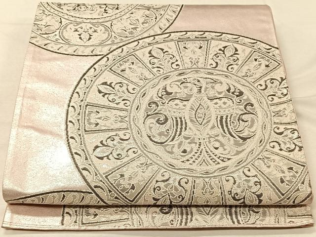 平和屋着物◎六通柄袋帯　絵皿花鳥文　銀糸　正絹　逸品　CAAV7301qv