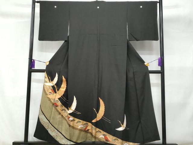 平和屋着物■豪華黒留袖 総刺繍 立波扇面飛鶴松文 金銀彩 正絹 逸品 CABC3643fb