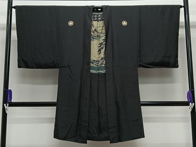 Other - 平和屋着物∞男性　長羽織　黒紋付　羽裏：風景文　正絹　逸品　CABE5105ua