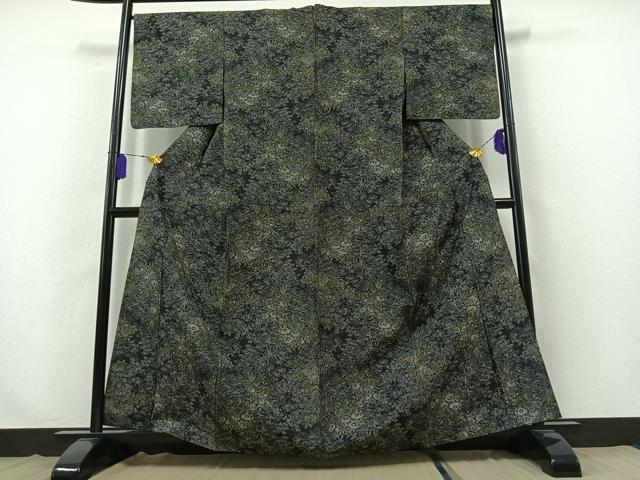 平和屋着物▽上質な紬　単衣　草花文　黒地　正絹　逸品　AABB3891jh
