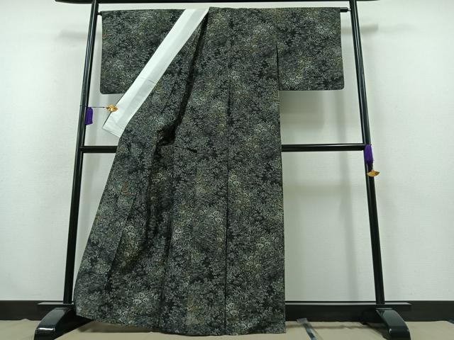 平和屋着物▽上質な紬　単衣　草花文　黒地　正絹　逸品　AABB3891jh