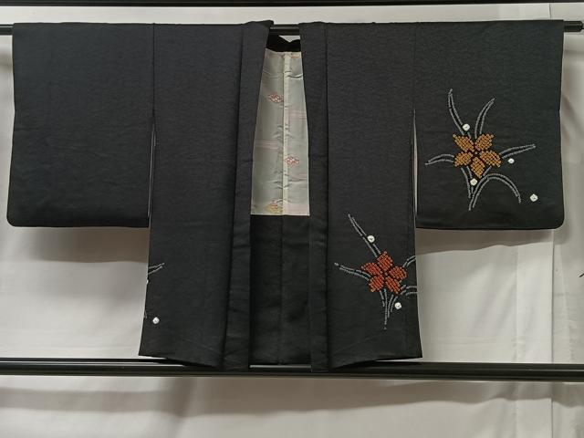 平和屋着物＃羽織　絞り　草花文　黒地　正絹　逸品　CABB5532ua