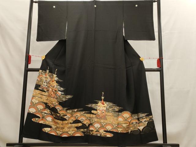 平和屋着物■豪華黒留袖　駒刺繍　エ霞青海波飛鶴山車文　金銀彩　正絹　逸品　AAAX8966iu