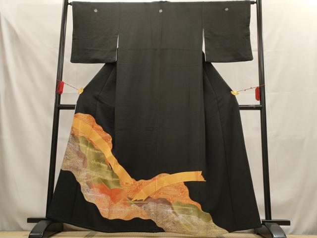 Kurotome - 平和屋着物■豪華黒留袖　駒刺繍　流水箔散らし文　金銀彩　正絹　逸品　AAAX8975iu