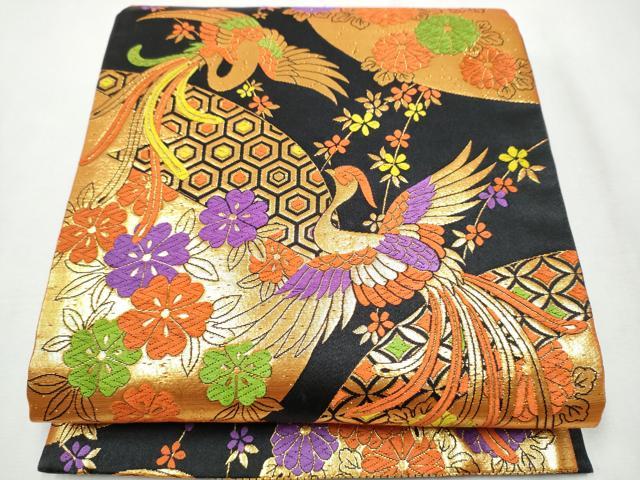平和屋着物[]七五三　女の子　全通柄袋帯　唐織　鳳凰花文　黒地　金糸　逸品　CABA4931hy
