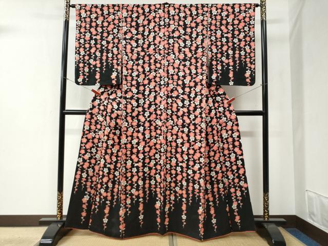 平和屋着物●訪問着　枝梅文　黒地　正絹　逸品　CABB4610yc