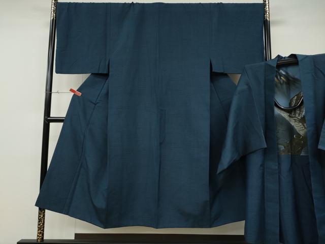 平和屋着物●男性　紬　アンサンブル　格子柄　留紺色　正絹　逸品　CABD7376ut