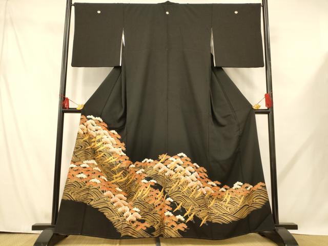 Kimono - 平和屋着物■豪華黒留袖　駒刺繍　飛鶴浜松文　金彩　正絹　逸品　AABE8716fw