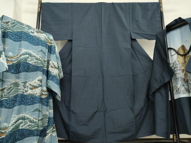 平和屋着物●男性　紬　アンサンブル　長襦袢(袷)セット　格子　正絹　逸品　AABE9256ck