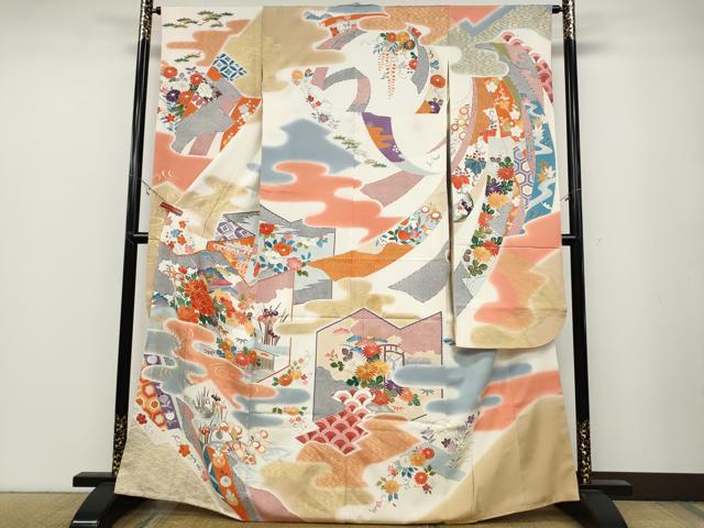 Kimono - 平和屋着物●豪華振袖　駒刺繍　屏風鴛鴦草花文　金彩　正絹　逸品　CABB6302ut