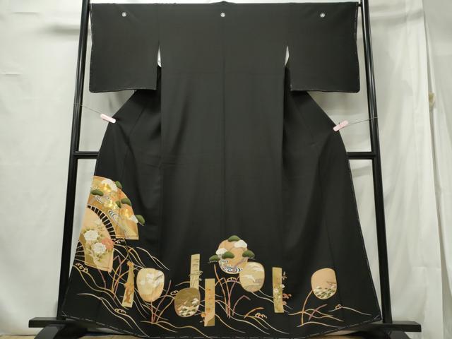 Kimono - 平和屋着物■豪華黒留袖　駒刺繍　扇面花松文　金彩　正絹　逸品　未使用　CABF6507ou