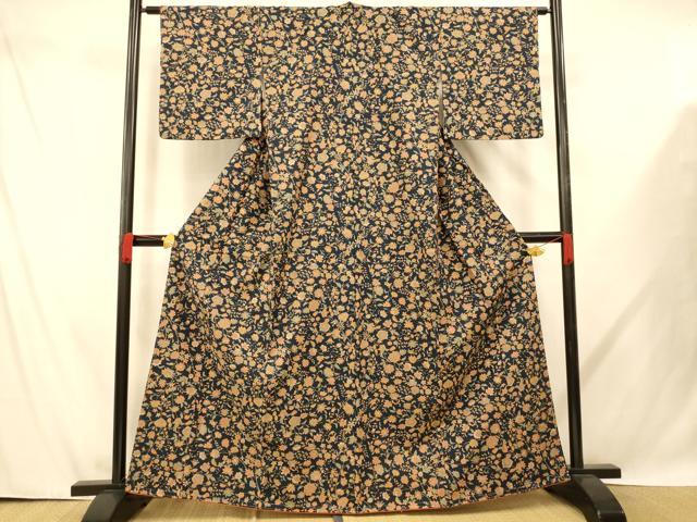 平和屋着物■上質な小紋　紬地　更紗花文　正絹　逸品　AABE8735fw