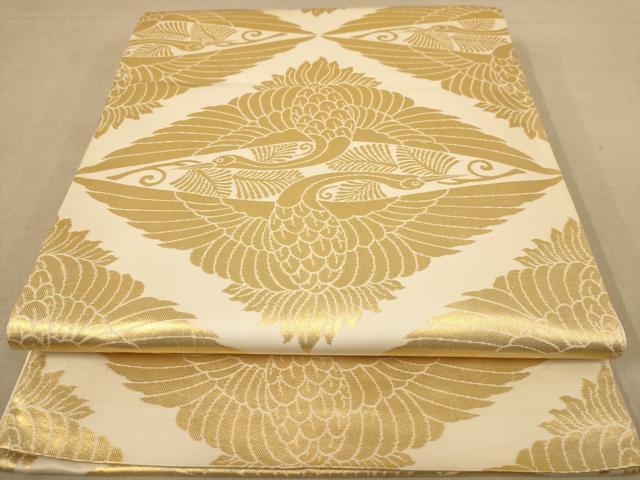 平和屋着物◎全通柄袋帯　向かい鶴　金糸　正絹　逸品　AABC1521dt