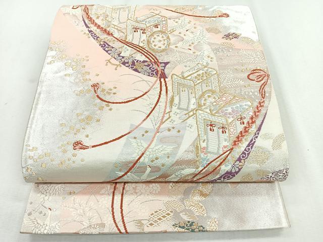平和屋着物◎六通柄袋帯　唐織　御所車花文　鶴　金銀糸　正絹　逸品　CABB0801nb