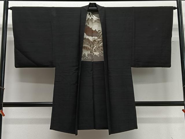 平和屋着物∞男性　長羽織　紬地　黒地　正絹　逸品　CABD4648ua