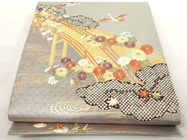 平和屋着物◎六通太鼓柄袋帯 渡り橋花鳥文 金糸 正絹 逸品 AAAL5384az