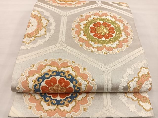 平和屋着物◎六通柄袋帯　唐織　亀甲花文　金銀糸　正絹　逸品　BAAS4784gt