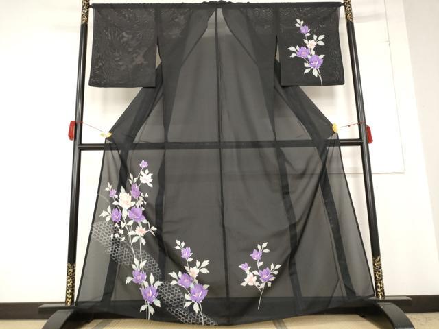 Summer Wear - 平和屋着物＊夏物　訪問着　絽　草花文　黒地　洗える着物　AABB0502st