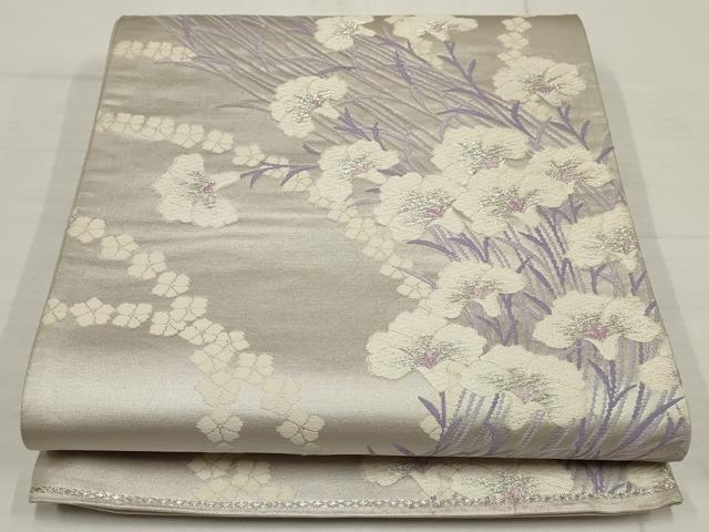 平和屋着物◎六通柄袋帯　唐織　草花文　銀糸　正絹　逸品　AABB4579wj