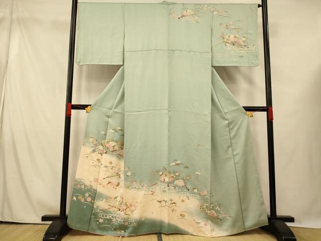 Rakuten - 平和屋着物■訪問着　花蝶扇子文　暈し染め　金彩　正絹　逸品　AABG6013fw