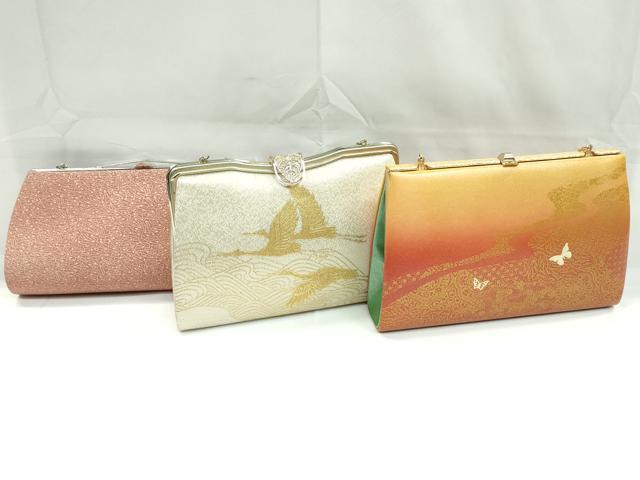 平和屋着物▼和装小物 和装バッグまとめて3点 ハンドバッグ 螺鈿箔 流水飛鶴文 舞蝶花文 松葉散らし 金彩 逸品 CABD8497ju