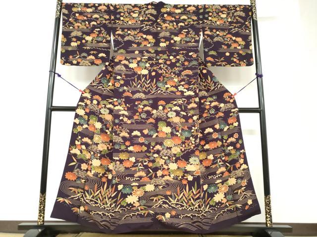 Uramono - 平和屋着物●訪問着　型染め　流水草花文　鬼しぼ縮緬　正絹　逸品　DABD9244ud