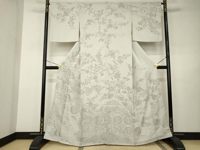 平和屋着物●中国三大刺繍　スワトウ刺繍　汕頭刺繍　お召　訪問着　道長更紗花文　金糸　正絹　逸品　AABJ3148ck