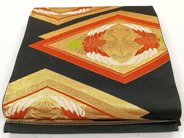 平和屋着物◎六通柄袋帯　唐織　双鶴菱文　黒地　金糸　正絹　逸品　CAAY3847xi