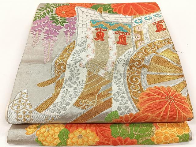 乐天商城 - 平和屋着物◎六通柄袋帯　御所車花文　藤花房　唐織　金銀糸　正絹　逸品　CAAY3853xi