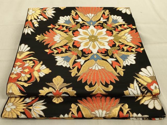 平和屋着物◎六通柄袋帯 更紗花文 黒地 金糸 正絹 逸品 AABB3275ou