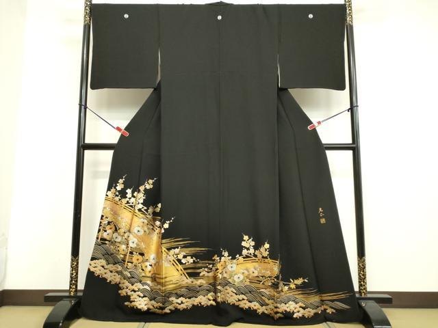 平和屋着物●金彩友禅　卓越技能者・名工・和田光正　黒留袖　立波渡橋草花文　金銀彩　正絹　逸品　DAAV8761tw