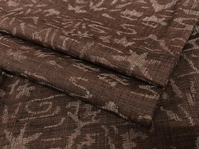 Kimono - 平和屋着物●結城縮　風景草花文　黒鳶色　正絹　逸品　AAAY6652zg