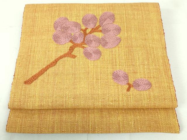 平和屋着物●八寸名古屋帯　本場結城紬　総刺繍　枝花文　正絹　逸品　DAAU6993ob