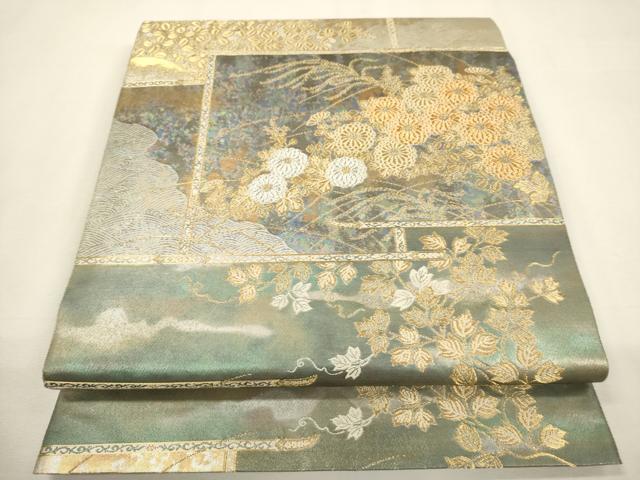 平和屋着物▼西陣　服部織物謹製　六通柄袋帯　こはく錦　手工芸　草花文　金銀糸　引箔　正絹　逸品　CABC3236ak