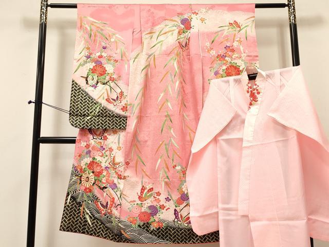 Rakuten - 平和屋着物[]七五三　女の子　7歳　祝着　四つ身　長襦袢(単衣・半衿刺繍)セット　舞蝶花車文　暈し染め　金彩　逸品　DABA3959ma