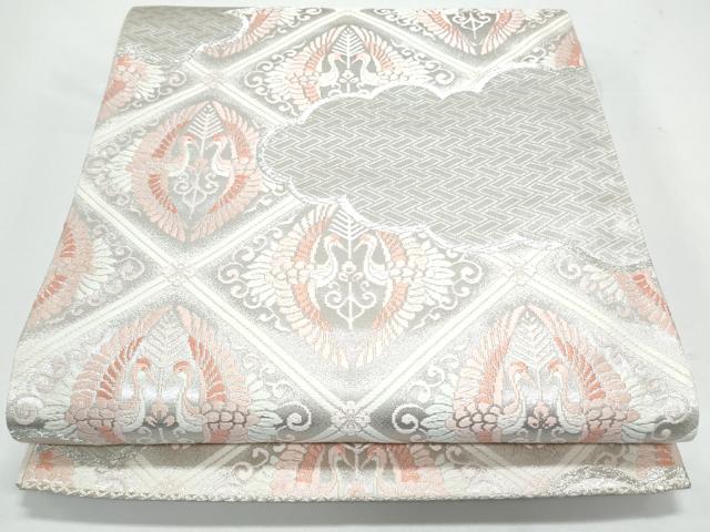 平和屋着物◎六通柄袋帯 唐織 雲重ね双鶴文 銀糸 正絹 逸品 未使用 CAAY7210th