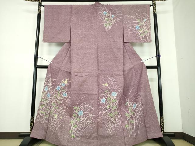 Kimono - 平和屋着物●訪問着　紬地　ろうけつ染め　舞蝶花文　正絹　逸品　DABD1574ps