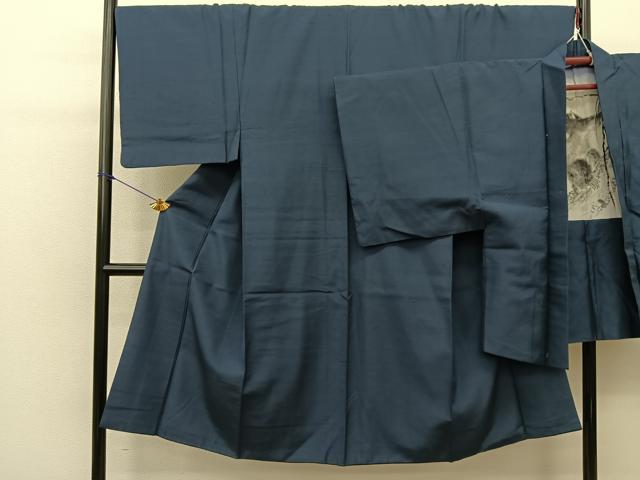 平和屋着物■男性 紬 アンサンブル 色無地 青藍色 反端付き 正絹 逸品 BAAS0877me