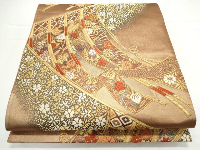 平和屋着物◎六通柄袋帯　唐織　几帳花蝶文　金糸　正絹　逸品　CAAY7239th