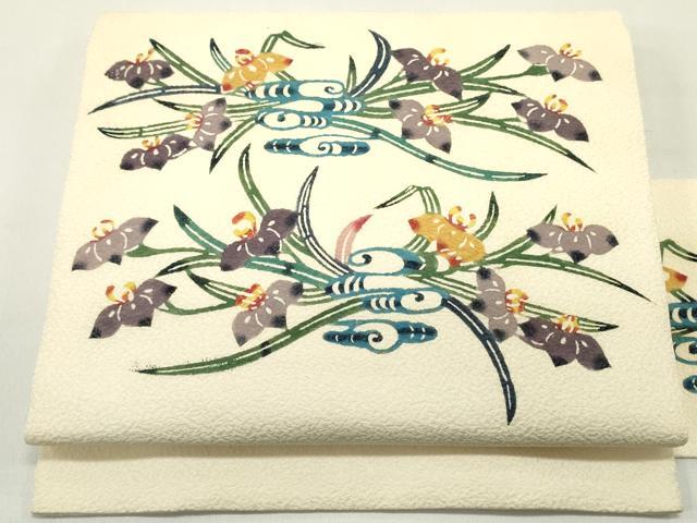 平和屋着物●塩瀬　九寸名古屋帯　紅型　草花文　薄卵色　正絹　逸品　DAAY0119ob