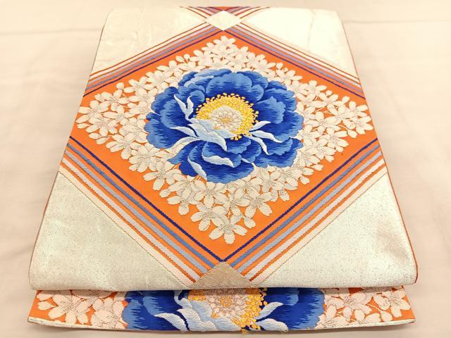 平和屋着物◎六通柄袋帯　唐織　花菱文　銀糸　正絹　逸品　BAAU5346hv